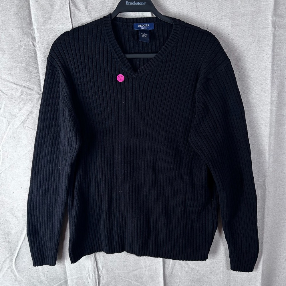 Brooks Sport Mens V-Neck Ribbed Knit Cotton Sweater Black Large L